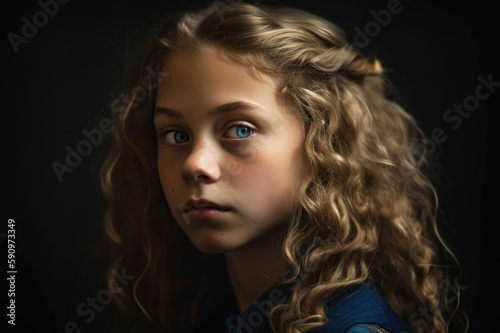young girl with blue eyes and blond wavy hair created with Generative AI technology