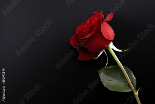 Beautiful red rose as a symbol of love on black background with copy space. Created with Generative AI Technology