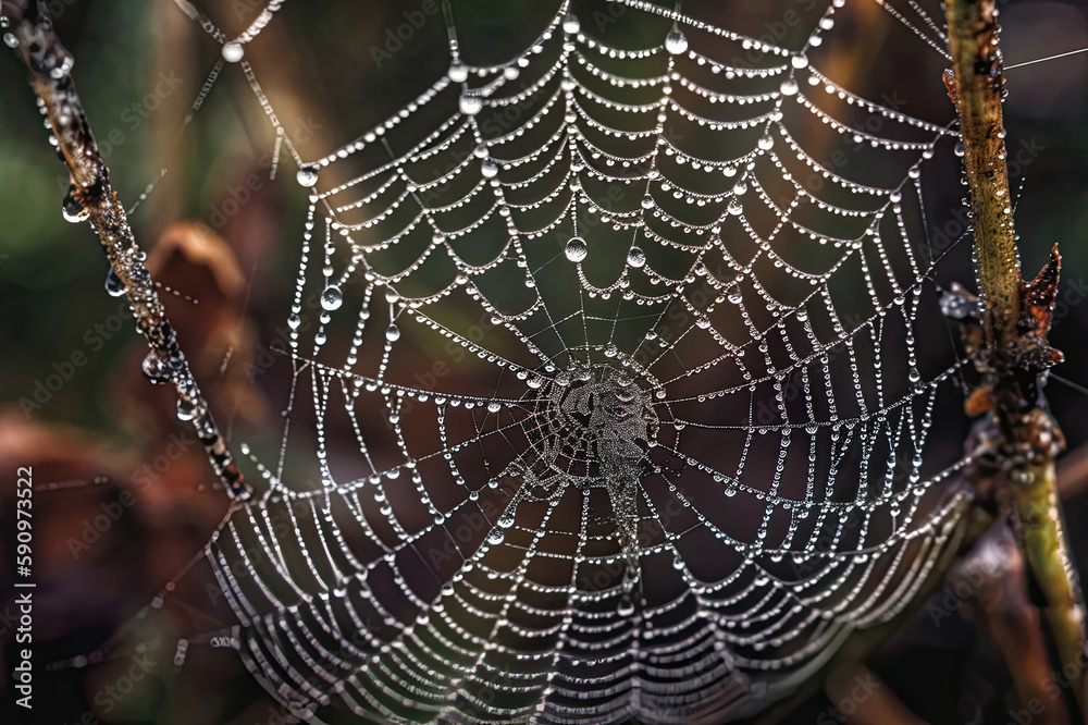 big wet spider web, many water drops hanging on it created with Generative AI technology