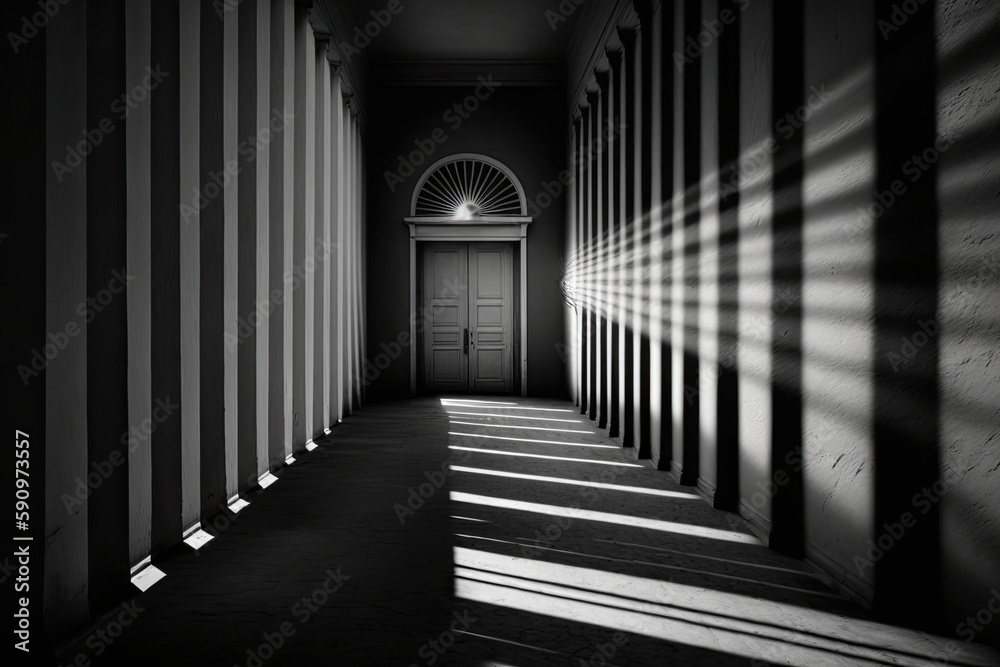 a long empty corridor leads to a large doorway created with Generative AI technology