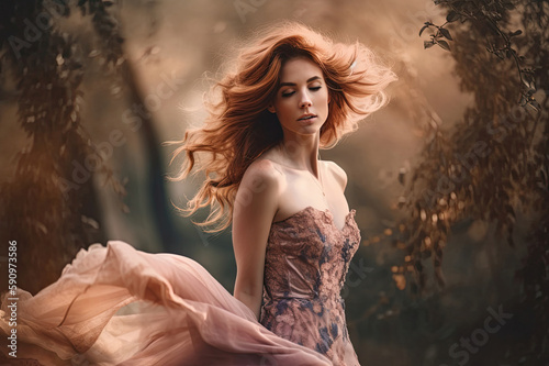 pretty woman wears a long strapless dress, she has long copper hair created with Generative AI technology