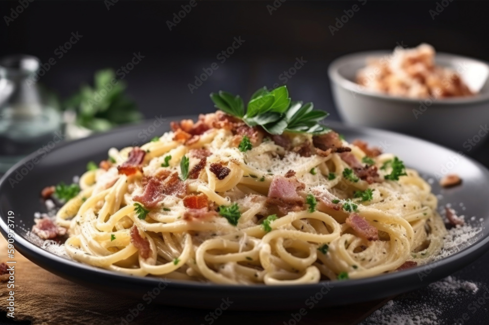 delicious spaghetti with cream cheese sauce and ham on a plate created with Generative AI technology delicious spaghetti with cream cheese sauce and ham on a plate created with Generative AI technology