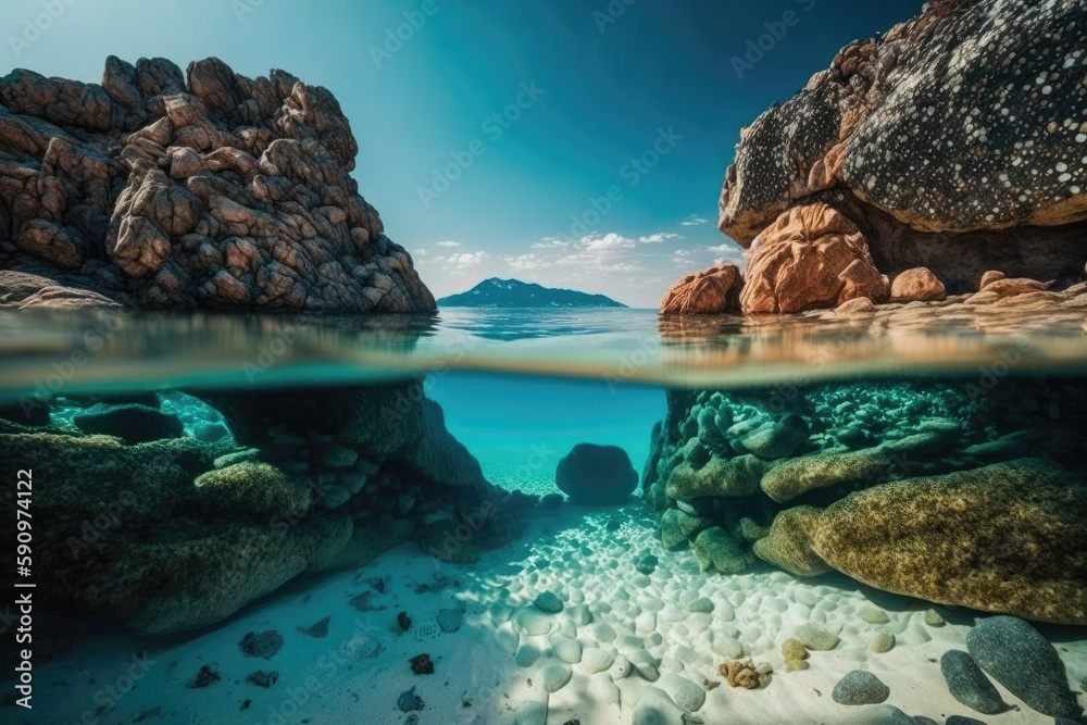 underwater rock formation and aquatic life. Generative AI