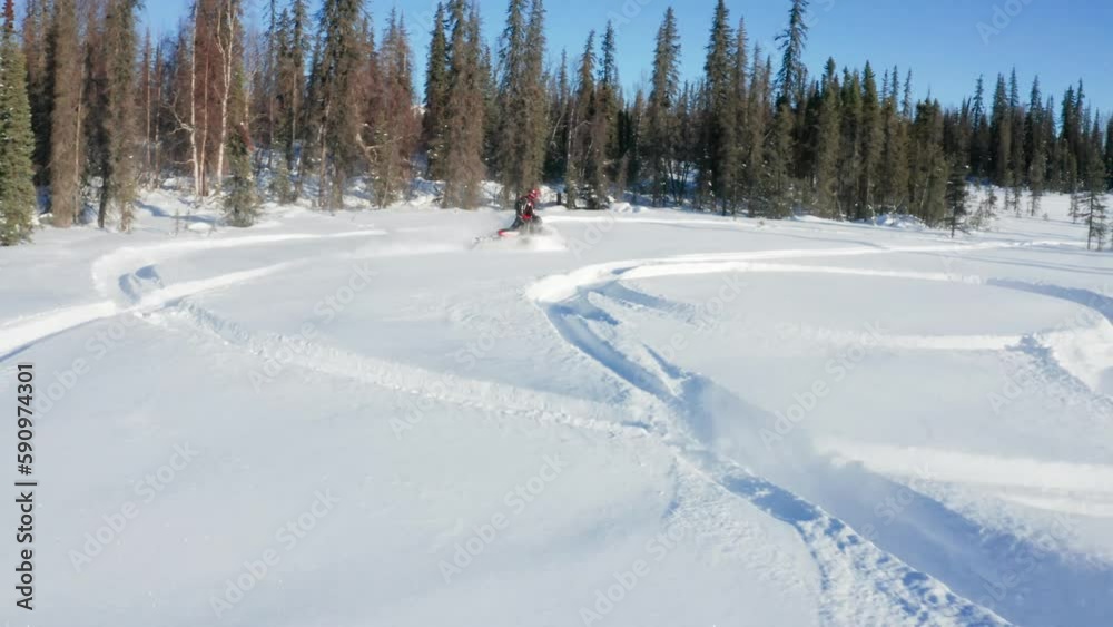 Two friends snowmobiling through the snow-covered terrain of Talkeetna, Alaska, pushing the limits of their snowmobiles, having fun and enjoying the breathtaking winter landscape Two friends snowmobiling through the snow-covered terrain of Talkeetna, Alaska, pushing the limits of their snowmobiles, having fun and enjoying the breathtaking winter landscape