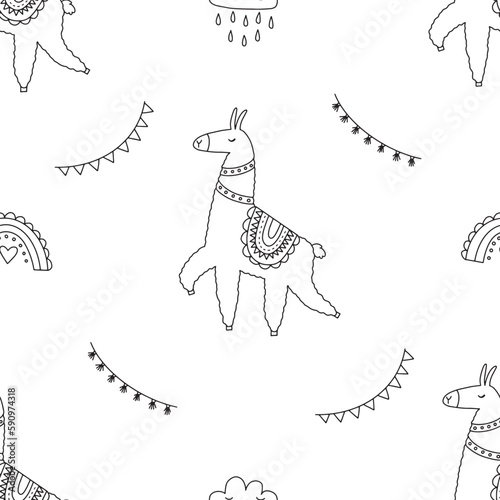 Seamless pattern with cute llamas in doodle style. Lovely vector illustration, background design, suitable for textiles, wrapping paper, packaging for kids and adults.