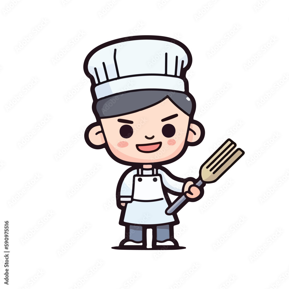 Mascot of cute chef boy wearing chef cap and uniform, holding spatula. Cartoon flat character vector illustration Mascot of cute chef boy wearing chef cap and uniform, holding spatula. Cartoon flat character vector illustration