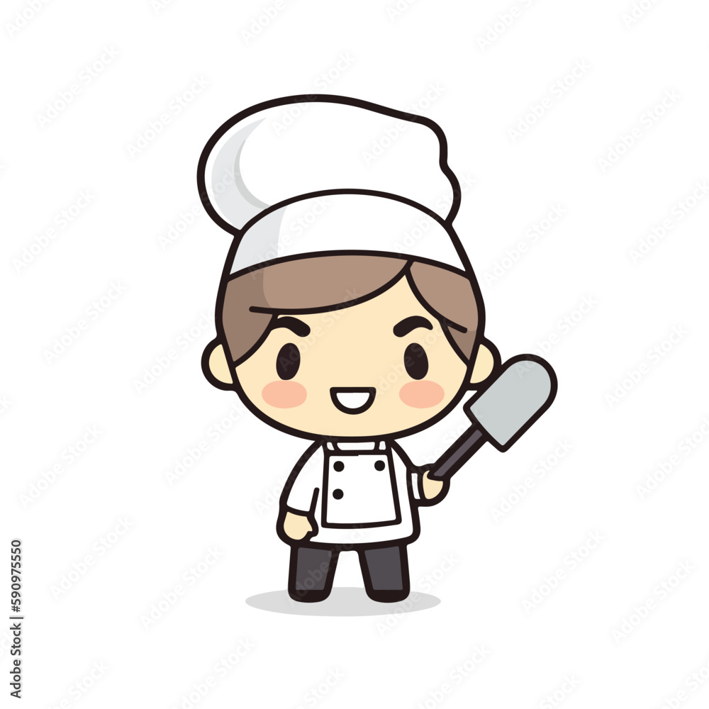 Mascot of cute chef boy wearing chef cap and uniform, holding spatula. Cartoon flat character vector illustration