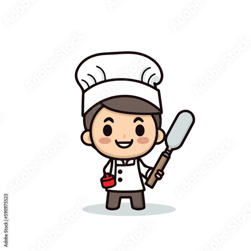 Mascot of cute chef boy wearing chef cap and uniform  holding spatula. Cartoon flat character vector illustration