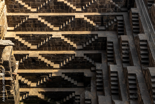 Ancient Indian step well in Jaipur, India, Architecture of stairs at Abhaneri Baori step well in Jaipur, Rajasthan, India.
