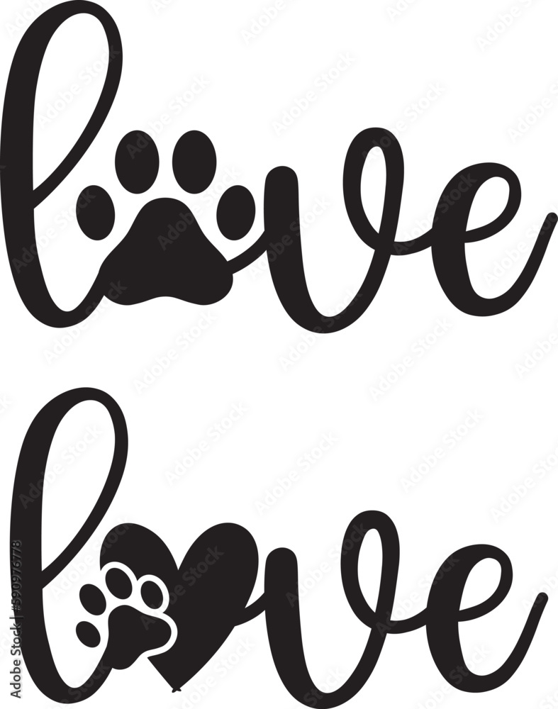Handwritten word Love with a paw print. Design for pet lovers. Handwritten word Love with a paw print. Design for pet lovers.