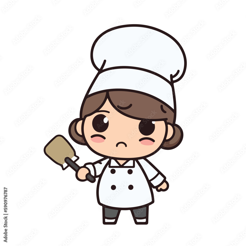 Mascot of cute chef girl wearing chef cap and uniform, holding spatula. Cartoon flat character vector illustration Mascot of cute chef girl wearing chef cap and uniform, holding spatula. Cartoon flat character vector illustration