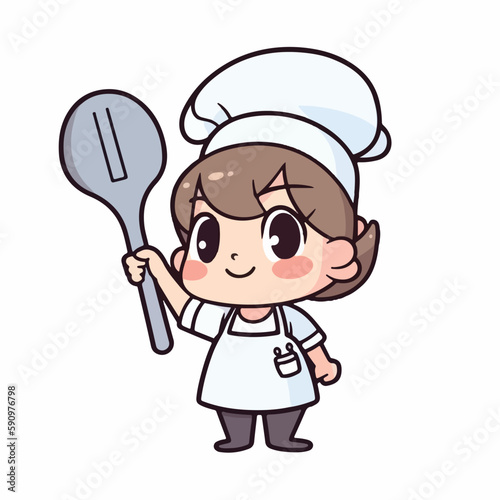 Mascot of cute chef girl wearing chef cap and uniform, holding spatula. Cartoon flat character vector illustration