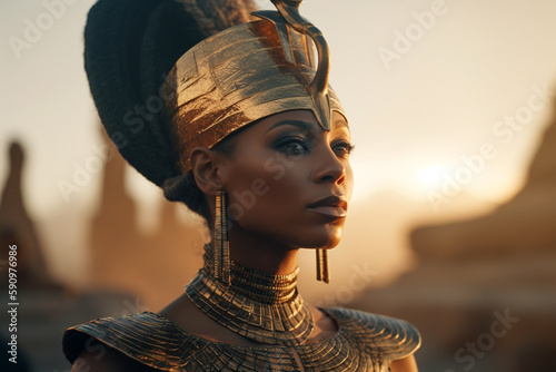 Woman wearing egyptian period costume with decorative makeup and exotic jewelry.