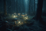 magic forest gloomy fantasy forest scene at night with glowing lights, Generative AI
