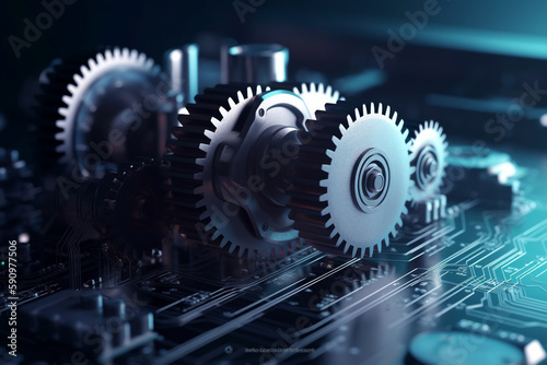gears and cogs gear wheel on the circuit board. Illustration of hi-tech, engineering, and digital engineer concepts. web - template, business tech, business team, Generative AI