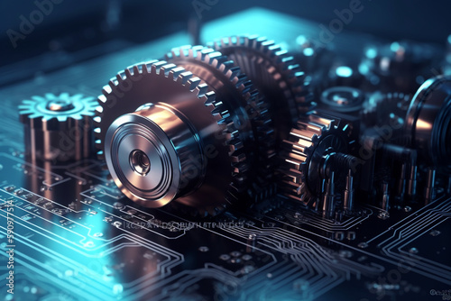 Gear wheel on circuit board. Illustration of hi-tech, engineering, and digital engineer concepts. web - template, business tech, business team, Generative AI