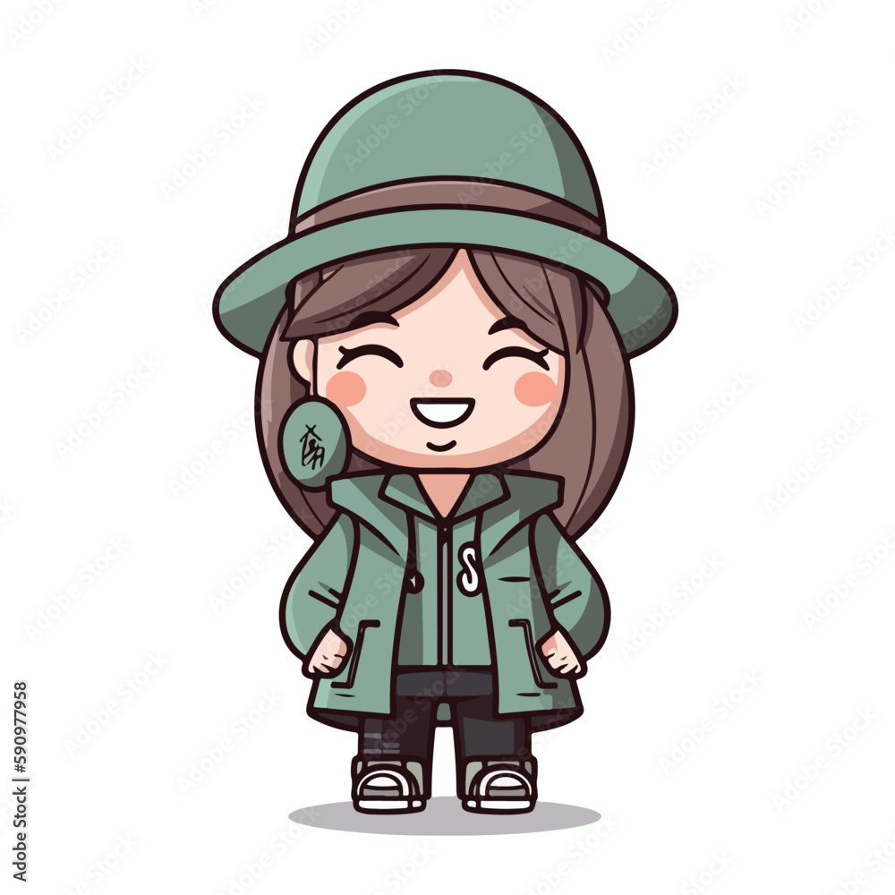 Mascot of cute cool girl wearing jacket and hat. Cartoon flat character vector illustration Mascot of cute cool girl wearing jacket and hat. Cartoon flat character vector illustration