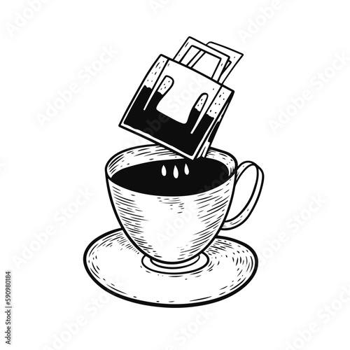 A retro-style black and white illustration depicts the process of brewing coffee with a drip bag, evoking a sense of nostalgia and simplicity. Perfect for coffee-themed designs, posters, or packaging.