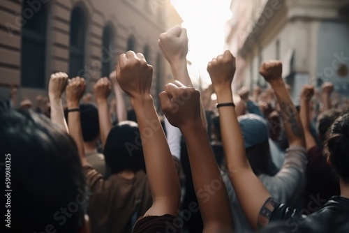 Protesters raising their fists on a cityscape background. Human movement concept with protesters fist. Urban Movement and human protest concept with blurry buildings. Generative AI.