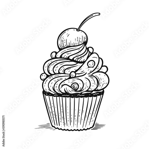 Retro-style black and white illustration of a cupcake with cream and a cherry on top. Perfect for decorating cafes, bakeries, or for use in culinary recipes and culinary blogs.
