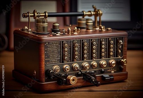 Vintage technology:Morse telegraph transmitter and Morse code. Generative AI photo