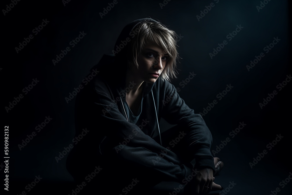 Depressed hopeless teen sitting in dark room  on black background, Sad despair lady portrait, generative ai