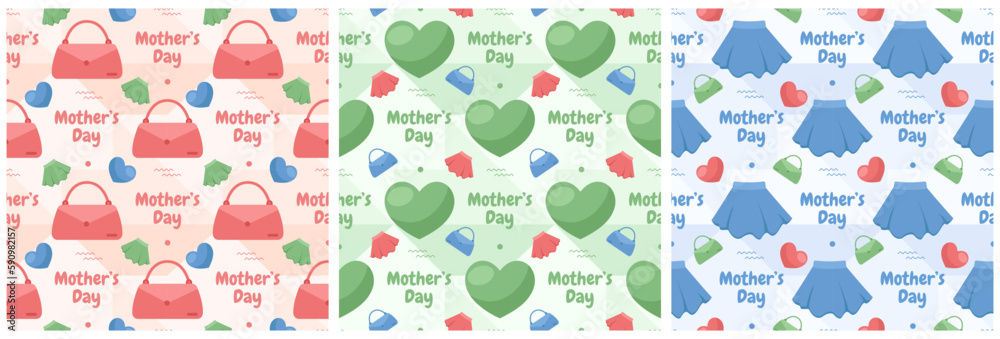 Set of Happy Mother Day Seamless Pattern Design in Element Decoration Template Hand Drawn Cartoon Flat Illustration