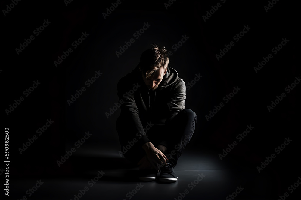 Middle age depress teen adult siting floor in dark room on despair with depressed emotion lower head, deep thinking with sad expression, generative ai
