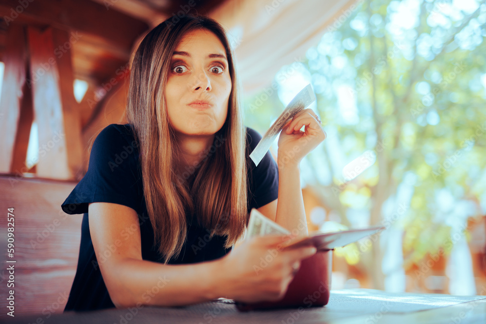 woman-checking-her-wallet-to-pay-in-a-restaurant-funny-customer