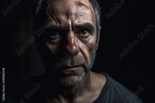 Portrait of a sad middle age man look to camera with despair eyes in dark room  generative ai