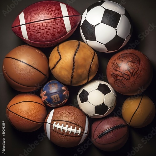 A set of balls arranged against a black background creates a striking and dynamic sports background. The different types of balls  such as footballs  basketballs  volleyballs  and more made with gener