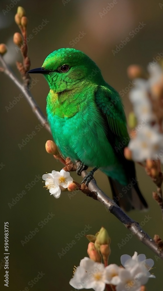 A beautiful image of a green bird perched on a branch, captured in stunning detail. The bird's vivid green feathers stand out against the natural tones of the branch, made with generative ai.