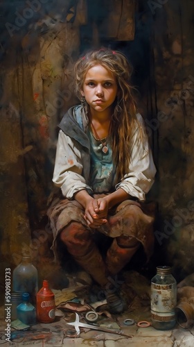 An evocative and deeply moving artistic painting of a poverty-stricken young girl, capturing the harsh realities of her life with vivid brushstrokes and a rich, nuanced color palette.made with generat