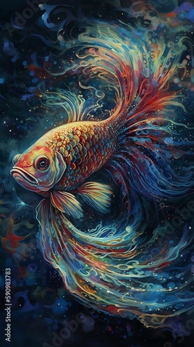 An eye-catching and colorful abstract painting featuring a beautiful beta fish as the central subject. The painting showcases the fish's flowing fins and vibrant colors, made with generative ai. © nature