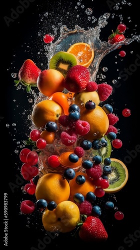 A captivating photograph of various fruits captured in mid-splash against a striking black background, creating a visually stunning and dynamic image. made with generative ai.