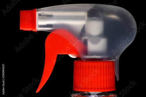 Close up view of red disinfection bottle