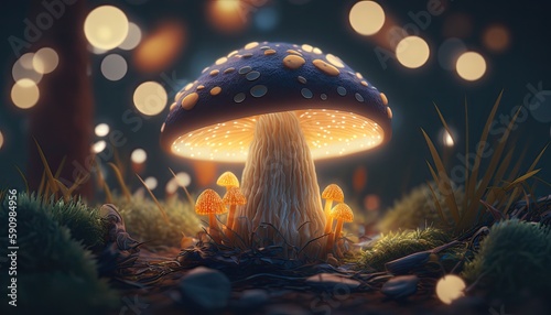 mushroom in the jungle, glowing mushroom in the night background photo