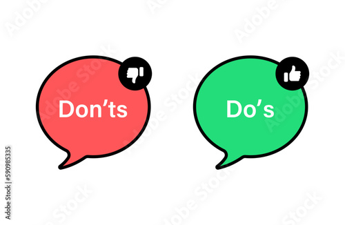 do and dont. Do's and don'ts icons in speech bubble line frame - thumbs up down icon. Like or dislike icon button- true or false - Dos and Donts in outline and filled chat bubbles frame