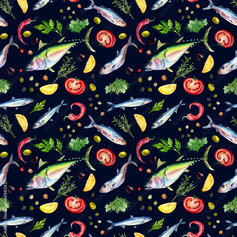 Seamless pattern of tuna, sardine and herbs watercolor isolated on black. Seamless pattern of tuna, sardine and herbs watercolor isolated on black.