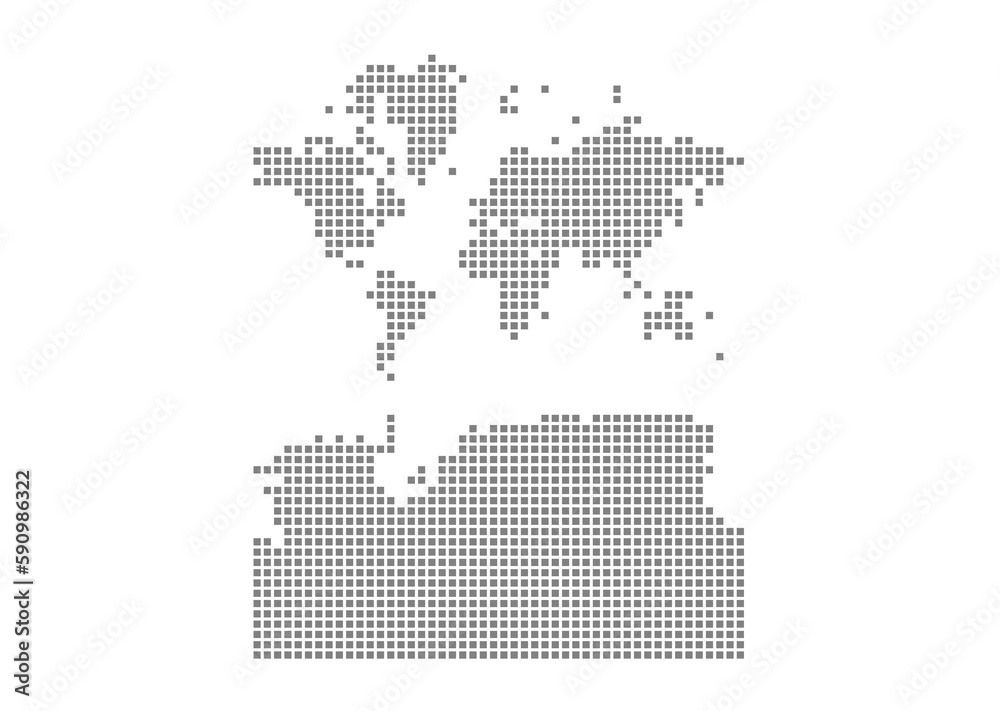 Pixel map of World With Antarctica. dotted map of  isolated on white background. Abstract computer graphic of map.