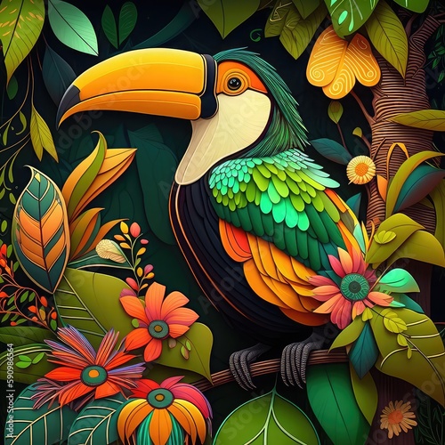 Toucan colorful Toucan bird on the tree branch with flowers and leafs, tucan on rainforest photo