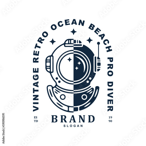vintage retro diver helmet logo design illustration