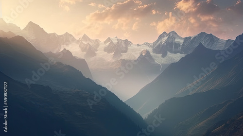 A muted misty mountain with a beautiful view computer wallpaper  generative ai