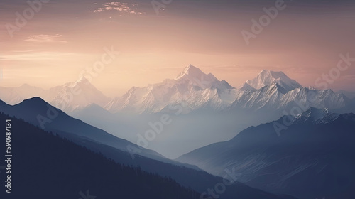 A muted misty mountain with a beautiful view computer wallpaper, generative ai