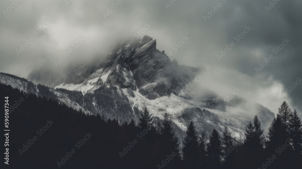 Muted misty forest with mountains computer wallpaper, generative ai