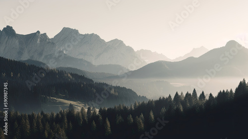 Muted misty forest with mountains computer wallpaper, generative ai