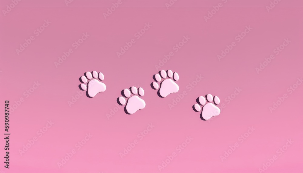minimalist cat paws on pink background. cute cat paw print. Black dog step silhouette. simple doodle drawing, Generative AI