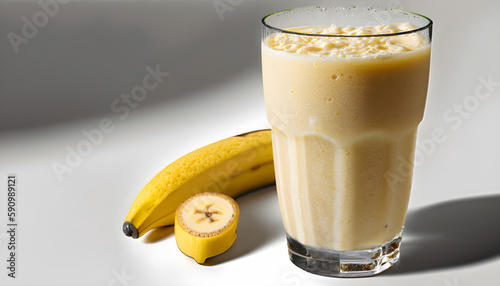 banana and smoothie,.banana milkshake  juice, cold water drops in the glass iced , hard light and shadows isolated on white background