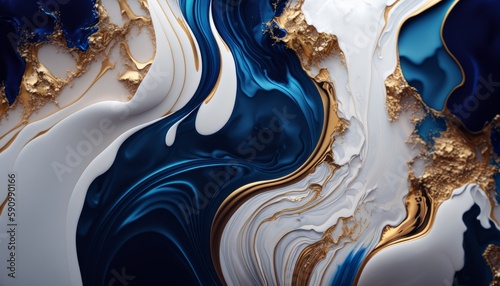 blue and gold watercolor marble background. abstract texture. Generative AI