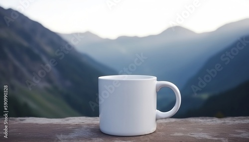 Plain White Cup Mockup Mountain Background, Generative AI